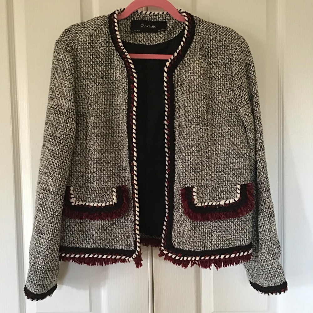 Zara Tweed Open Front Jacket in Black, White & Burgundy Trim